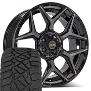 Set(4) 22x9 4P06 Gloss Black Brushed with Tinted Clear - 6x135 &amp; 6x139.7 +12ET with 33x12.50r22 Sailun TerraMax RT Tires