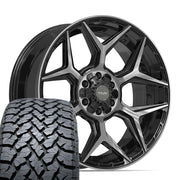Set(4) 22x9 4P06 Gloss Black Brushed with Tinted Clear - 6x135 &amp; 6x139.7 +12ET with 285/45r22 TBB TS-37 AT Tires