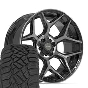 Set(5) 22x10 4P06 Gloss Black Brushed with Tinted Clear - 5x127 &amp; 5x139.7 -18ET with 285/45r22 Sailun TerraMax RT Tires
