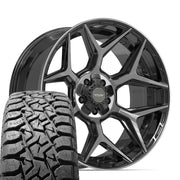 Set(5) 22x10 4P06 Gloss Black Brushed with Tinted Clear - 5x127 &amp; 5x139.7 -18ET with 33x12.50r22 TBB TS-57 RT Tires