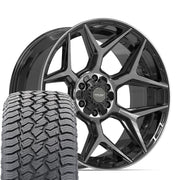 Set(4) 22x10 4P06 Gloss Black Brushed with Tinted Clear - 6x135 &amp; 6x139.7 -18ET with 285/45r22 Sailun TerraMax AT2 Tires