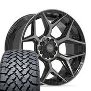 Set(4) 22x10 4P06 Gloss Black Brushed with Tinted Clear - 6x135 &amp; 6x139.7 -18ET with 285/45r22 TBB TS-37 AT Tires