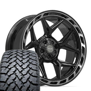 Set(4) 22x10 4P55 Gloss Black Brushed with Tinted Clear - 5x127 &amp; 5x139.7 -18ET with 285/45r22 TBB TS-37 AT Tires