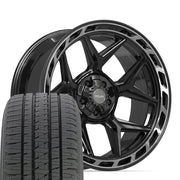 Set(4) 22x10 4P55 Gloss Black Brushed with Tinted Clear - 5x127 &amp; 5x139.7 -18ET with 285/45r22 Bridgestone Dueler Alenza HL Tires