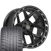 Set(4) 22x10 4P55 Gloss Black Brushed with Tinted Clear - 5x127 &amp; 5x139.7 -18ET with 285/45r22 Goodyear Eagle Sport Tires
