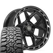 Set(5) 22x10 4P55 Gloss Black Brushed with Tinted Clear - 5x127 &amp; 5x139.7 -18ET with 33x12.50r22 TBB TS-57 RT Tires