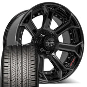 Set(4) 22x10 4P70 Gloss Black Brushed with Tinted Clear - 5x127 &amp; 5x139.7 -24ET with 285/45r22 Goodyear Eagle Touring Tires