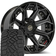 Set(5) 22x10 4P80R Gloss Black Brushed with Tinted Clear - 5x127 &amp; 5x139.7 -24ET with 33x12.50r22 Sailun TerraMax RT Tires
