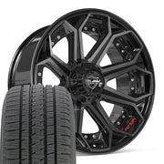 Set(4) 22x10 4P80R Gloss Black Brushed with Tinted Clear - 6x135 &amp; 6x139.7 -18ET with 285/45r22 Bridgestone Dueler Alenza HL Tires