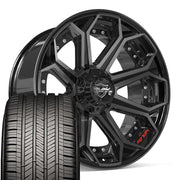 Set(4) 22x10 4P80R Gloss Black Brushed with Tinted Clear - 6x135 &amp; 6x139.7 -18ET with 285/45r22 Goodyear Eagle Touring Tires
