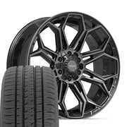 Set(4) 22x9 4P83 Gloss Black Brushed with Tinted Clear - 6x135 &amp; 6x139.7 +12ET with 285/45r22 Bridgestone Dueler Alenza HL Tires