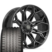 Set(4) 22x10 4P83 Gloss Black Brushed with Tinted Clear - 5x127 &amp; 5x139.7 -18ET with 285/45r22 Goodyear Eagle Touring Tires