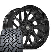 Set(4) 22x10 4PL28 Gloss Black - 6x135 &amp; 6x139.7 -18ET with 285/45r22 TBB TS-37 AT Tires
