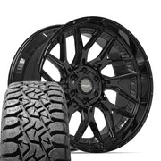Set(4) 22x10 4PL28 Gloss Black - 6x135 &amp; 6x139.7 -18ET with 33x12.50r22 TBB TS-57 RT Tires