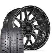 Set(4) 22x10 4PL28 Gloss Black Brushed with Tinted Clear - 6x135 &amp; 6x139.7 -18ET with 285/45r22 Goodyear Eagle Sport Tires