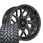 Set(4) 22x10 4PL28 Gloss Black Brushed with Tinted Clear - 6x135 &amp; 6x139.7 -18ET with 285/45r22 TBB TS-37 AT Tires
