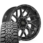 Set(4) 22x10 4PL28 Gloss Black Brushed with Tinted Clear - 6x135 &amp; 6x139.7 -18ET with 33x12.50r22 TBB TS-57 RT Tires