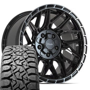 Set(5) 17x9 4PS28 Gloss Black Brushed with Tinted Clear - 5x127 &amp; 5x139.7 -6ET with 33x12.50r17 TBB TS-57 RT Tires