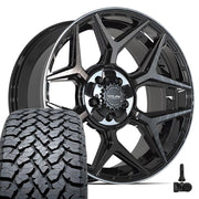 Set(4) 20x9 4P06 Gloss Black Brushed with Tinted Clear - 5x127 &amp; 5x139.7 +0ET with 275/55r20 TBB TS-37 AT Tires &amp; TPMS
