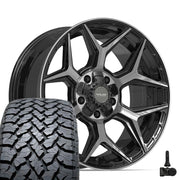 Set(4) 20x9 4P06 Gloss Black Brushed with Tinted Clear - 5x127 &amp; 5x139.7 +0ET with 275/55r20 TBB TS-37 AT Tires &amp; TPMS