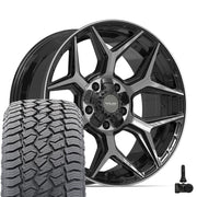 Set(5) 20x9 4P06 Gloss Black Brushed with Tinted Clear - 5x127 &amp; 5x139.7 +0ET with 275/55r20 Sailun TerraMax AT2 Tires &amp; TPMS