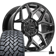 Set(4) 20x9 4P06 Gloss Black Brushed with Tinted Clear - 6x135 &amp; 6x139.7 +0ET with 275/55r20 TBB TS-37 AT Tires &amp; TPMS