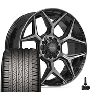Set(4) 22x9 4P06 Gloss Black Brushed with Tinted Clear - 6x135 &amp; 6x139.7 +12ET with 285/45r22 Goodyear Eagle Touring Tires &amp; TPMS