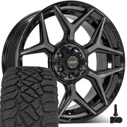 Set(4) 22x9 4P06 Gloss Black Brushed with Tinted Clear - 6x135 &amp; 6x139.7 +12ET with 33x12.50r22 Sailun TerraMax RT Tires &amp; TPMS