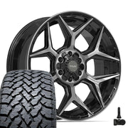 Set(4) 22x9 4P06 Gloss Black Brushed with Tinted Clear - 6x135 &amp; 6x139.7 +12ET with 285/45r22 TBB TS-37 AT Tires &amp; TPMS