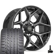 Set(4) 22x10 4P06 Gloss Black Brushed with Tinted Clear - 5x127 &amp; 5x139.7 -18ET with 285/45r22 Goodyear Eagle Sport Tires &amp; TPMS