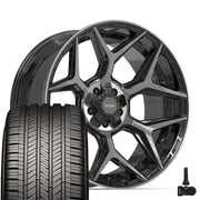 Set(4) 22x10 4P06 Gloss Black Brushed with Tinted Clear - 5x127 &amp; 5x139.7 -18ET with 285/45r22 Goodyear Eagle Touring Tires &amp; TPMS