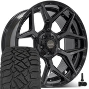 Set(4) 22x10 4P06 Gloss Black Brushed with Tinted Clear - 5x127 &amp; 5x139.7 -18ET with 33x12.50r22 Sailun TerraMax RT Tires &amp; TPMS