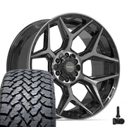 Set(4) 22x10 4P06 Gloss Black Brushed with Tinted Clear - 6x135 &amp; 6x139.7 -18ET with 285/45r22 TBB TS-37 AT Tires &amp; TPMS