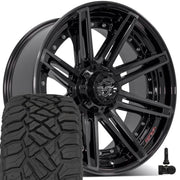 Set(4) 22x10 4P08 Gloss Black Brushed with Tinted Clear - 5x127 &amp; 5x139.7 -24ET with 33x12.50r22 Sailun TerraMax RT Tires &amp; TPMS