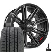 Set(4) 22x10 4P08 Gloss Black Brushed with Tinted Clear - 6x135 &amp; 6x139.7 -18ET with 285/45r22 Bridgestone Dueler Alenza HL Tires &amp; TPMS