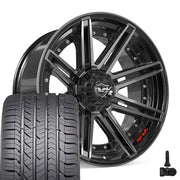 Set(4) 22x10 4P08 Gloss Black Brushed with Tinted Clear - 6x135 &amp; 6x139.7 -18ET with 285/45r22 Goodyear Eagle Sport Tires &amp; TPMS