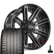 Set(4) 22x10 4P08 Gloss Black Brushed with Tinted Clear - 6x135 &amp; 6x139.7 -18ET with 285/45r22 Goodyear Eagle Touring Tires &amp; TPMS