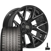 Set(4) 22x10 4P40 Gloss Black Brushed with Tinted Clear - 6x135 &amp; 6x139.7 -18ET with 285/45r22 Goodyear Eagle Touring Tires &amp; TPMS