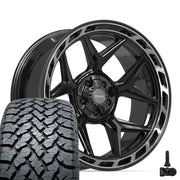 Set(5) 22x10 4P55 Gloss Black Brushed with Tinted Clear - 5x127 &amp; 5x139.7 -18ET with 285/45r22 TBB TS-37 AT Tires &amp; TPMS