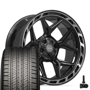 Set(4) 22x10 4P55 Gloss Black Brushed with Tinted Clear - 5x127 &amp; 5x139.7 -18ET with 285/45r22 Goodyear Eagle Touring Tires &amp; TPMS