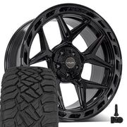 Set(5) 22x10 4P55 Gloss Black Brushed with Tinted Clear - 5x127 &amp; 5x139.7 -18ET with 33x12.50r22 Sailun TerraMax RT Tires &amp; TPMS