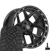 Set(5) 22x10 4P55 Gloss Black Brushed with Tinted Clear - 5x127 &amp; 5x139.7 -18ET with 33x12.50r22 Sailun TerraMax RT Tires &amp; TPMS