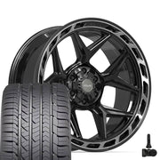 Set(4) 22x10 4P55 Gloss Black Brushed with Tinted Clear - 6x135 &amp; 6x139.7 -18ET with 285/45r22 Goodyear Eagle Sport Tires &amp; TPMS