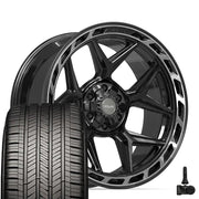Set(4) 22x10 4P55 Gloss Black Brushed with Tinted Clear - 6x135 &amp; 6x139.7 -18ET with 285/45r22 Goodyear Eagle Touring Tires &amp; TPMS