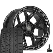 Set(4) 22x10 4P55 Gloss Black Brushed with Tinted Clear - 6x135 &amp; 6x139.7 -18ET with 285/45r22 Ironman iMove GEN 2 SUV Tires &amp; TPMS