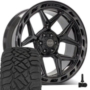 Set(4) 22x10 4P55 Gloss Black Brushed with Tinted Clear - 6x135 &amp; 6x139.7 -18ET with 285/45r22 Sailun TerraMax RT Tires &amp; TPMS