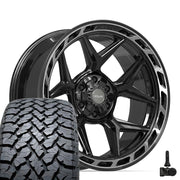 Set(4) 22x10 4P55 Gloss Black Brushed with Tinted Clear - 6x135 &amp; 6x139.7 -18ET with 285/45r22 TBB TS-37 AT Tires &amp; TPMS