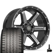 Set(4) 22x10 4P63 Gloss Black Brushed with Tinted Clear - 5x127 &amp; 5x139.7 -18ET with 285/45r22 Goodyear Eagle Touring Tires &amp; TPMS