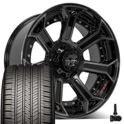 Set(4) 22x10 4P70 Gloss Black Brushed with Tinted Clear - 5x127 &amp; 5x139.7 -24ET with 285/45r22 Goodyear Eagle Touring Tires &amp; TPMS