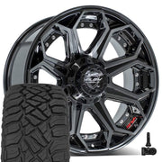 Set(4) 20x9 4P80R Gloss Black Brushed with Tinted Clear - 5x127 &amp; 5x139.7 +0ET with 275/55r20 Sailun TerraMax RT Tires &amp; TPMS